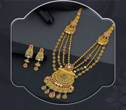 Royal Chakra Multi-Layer Temple Long Necklace 92.5 Silver Gold-Plated Set with Kundan Stones & Earrings