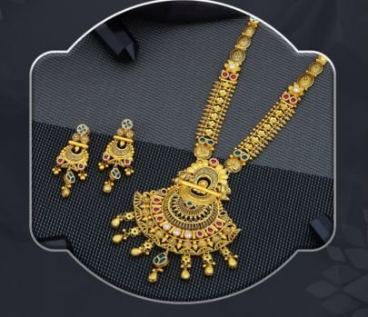 Royal Chakra Temple Long Necklace 92.5 Silver Gold-Plated Set with Kundan Stones & Earrings