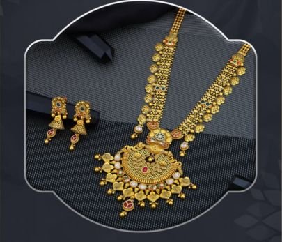 Royal Coin Temple Long Necklace 92.5 Silver Gold-Plated Set with Kundan Stones & Jhumka Earrings