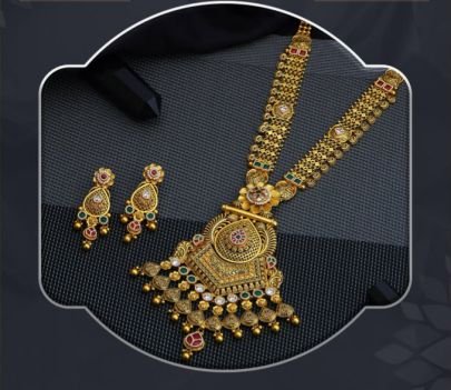 Royal Coin Temple Long Necklace 92.5 Silver Gold-Plated Set with Kundan Stones and Earrings