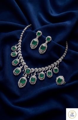 Royal Emerald Diamond Necklace Set with Earrings & Ring in 92.5 Silver Gold Plated | Divine Jewellery