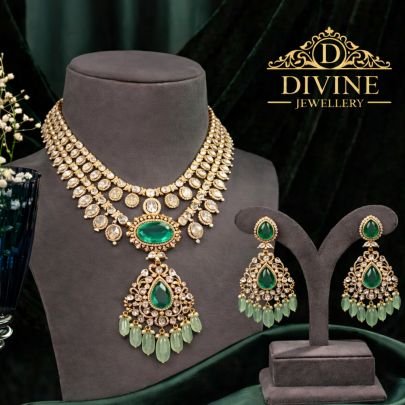Royal Emerald Pendant Kundan Necklace Set with Mint Drops in 92.5 Silver Gold Plated | Divine Jewellery