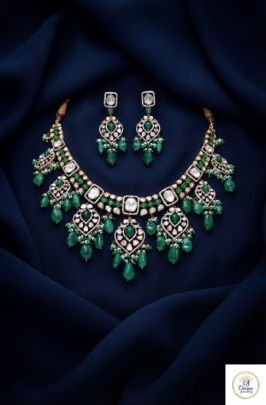 Royal Emerald Polki Bridal Necklace Set with Drop Beads & Earrings | 92.5 Silver Gold Plated | Divine Jewellery