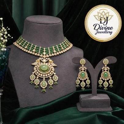 Royal Green Stone Choker Necklace Set with Kundan Work & Pearl Detailing – 92.5 Silver Gold Plated