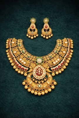 Royal Heritage Temple Bridal Necklace Set with Kundan & Meenakari in 92.5 Silver Gold Plated – Divine Jewellery
