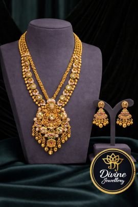 Royal Kundan Bridal Necklace Set with Dual-Layer Chain & Statement Pendant – 92.5 Silver Gold Plated