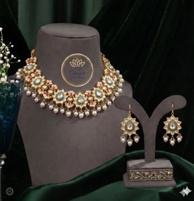 Royal Kundan Choker Necklace Set with Pearl Drops & Star Motif Design – 92.5 Silver Gold Plated