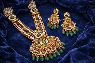 Royal Kundan Pearl Bridal Necklace Set with Green Drops – 92.5 Silver Gold Plated Temple Jewellery