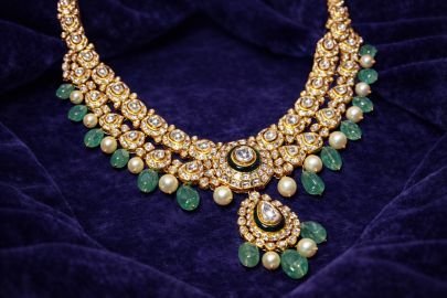 Royal Kundan Pearl & Emerald Drop Necklace Set in 92.5 Silver with Gold Plating
