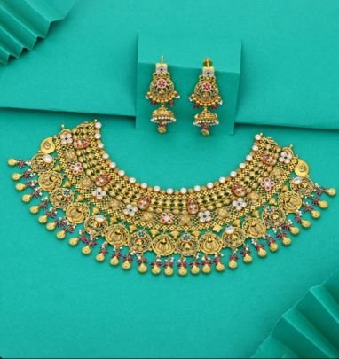 Royal Lakshmi Coin Temple Choker Necklace 92.5 Silver Gold-Plated Set with Kundan Stones and Earrings