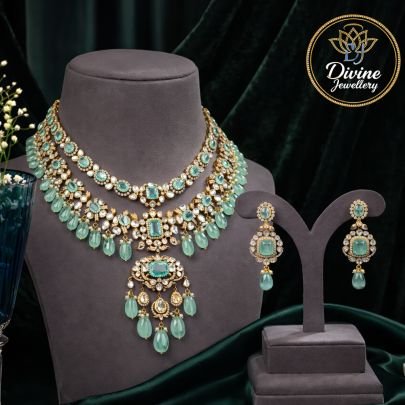 Royal Layered Aqua Kundan Necklace Set with Statement Pendant & Drop Earrings – 92.5 Silver Gold Plated