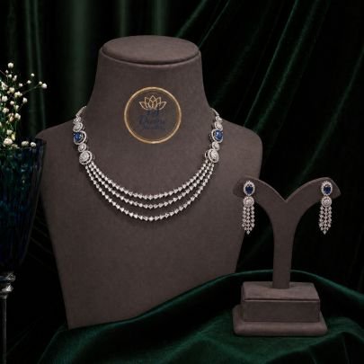 Royal Layered Blue Stone Necklace Set with Earrings in 92.5 Silver Gold Plated | Bridal & Party Wear Statement Jewellery – Divine Jewellery