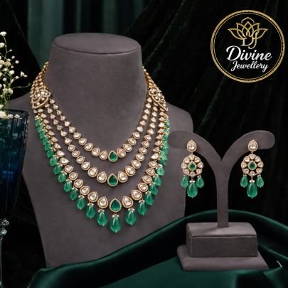 Royal Layered Kundan Necklace Set with Emerald Drops & Designer Earrings – 92.5 Silver Gold Plated
