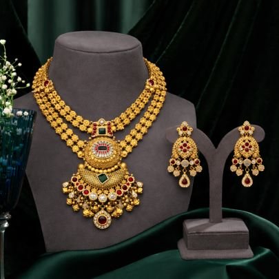 Royal Layered Temple Necklace Set with Red & Green Stones – 92.5 Silver Gold Plated Bridal Jewellery | Divine Jewellery