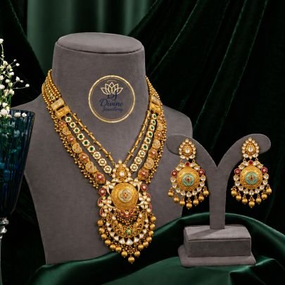 Royal Layered Temple Necklace Set with Antique Pendant & Kundan Work – 92.5 Silver Gold Plated Jewellery