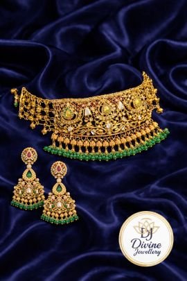 Royal Meenakari Choker Necklace Set with Green Beads & Kundan Work – 92.5 Silver Gold Plated Bridal Jewellery