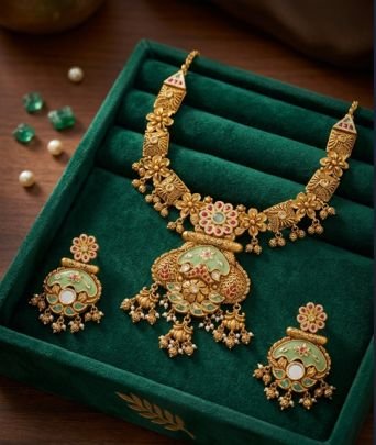 Royal Mint Green Temple Necklace Set with Floral Motifs – 92.5 Silver Gold Plated Bridal Jewellery Set
