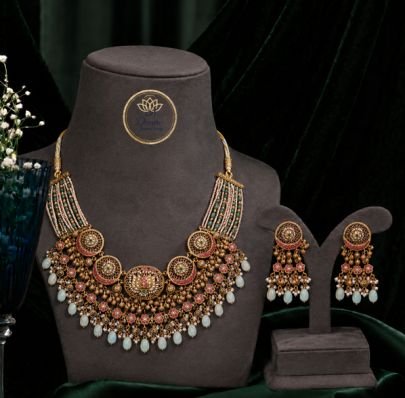 Royal Multi-Layer Antique Necklace Set with White Drop Beads & Matching Earrings for Women | Divine Jewellery