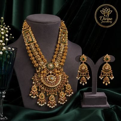 Royal Multi-Layer Heritage Bridal Necklace Set with Green Stones – 92.5 Silver Gold Plated