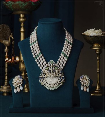 Royal Multi-Layer Pearl & Emerald Pendant Necklace Set – 92.5 Silver White Gold Plated Bridal Jewellery | Divine Jewellery
