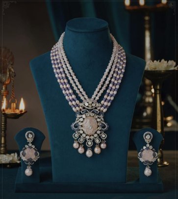 Royal Multi-Layer Pearl Necklace Set with Pendant – 92.5 Silver White Gold Plated Bridal Jewellery | Divine Jewellery