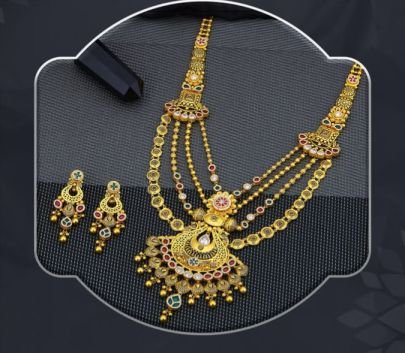 Royal Multi-Layer Temple Long Necklace 92.5 Silver Gold-Plated Set with Kundan Stones & Earrings