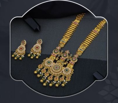 Royal Multi Layer Temple Long Necklace 92.5 Silver Gold-Plated Set with Kundan Stones and Earrings
