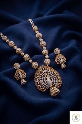 Royal Peacock Diamond Necklace Set in 92.5 Silver Gold Plated with Earrings | Divine Jewellery