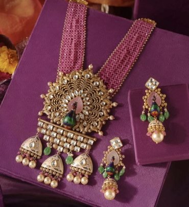 Royal Peacock Pendant Necklace Set with Pink Beads – 92.5 Silver Gold Plated Statement Jewellery | Divine Jewellery