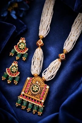 Royal Pearl Beaded Temple Necklace Set with Green Stone Drops – 92.5 Silver Gold Plated Jewellery