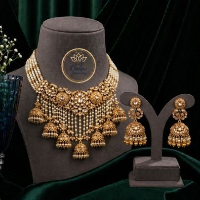 Royal Pearl Bridal Choker Necklace Set with Kundan Work & Jhumka Drops – 92.5 Silver Gold Plated
