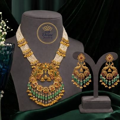 Royal Pearl Long Temple Necklace Set with Peacock Pendant & Jhumka Earrings – 92.5 Silver Gold Plated Bridal Jewellery