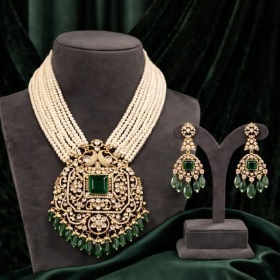 Royal Pearl Multi-Layer Necklace Set with Emerald Pendant & Polki Work | 92.5 Silver Gold Plated Jewellery by Divine Jewellery