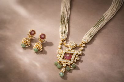 Royal Pearl Multi-Strand Kundan Necklace Set with Ruby & Emerald Accents in 92.5 Silver with Gold Plating