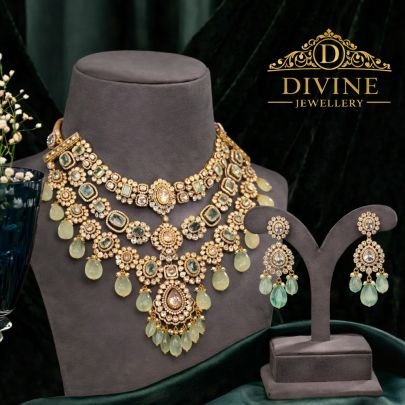 Royal Polki-Inspired Mint Drop Bridal Necklace Set in 92.5 Silver with Gold Plating | Divine Jewellery