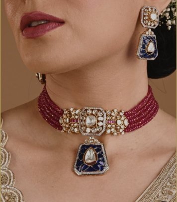 Royal Polki Style Ruby Beaded Choker Necklace Set with Blue Pendant – 92.5 Silver Gold Plated Bridal Jewellery | Divine Jewellery
