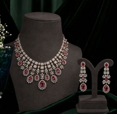 Royal Ruby Floral Necklace Set with Earrings – 92.5 Silver Gold Plated