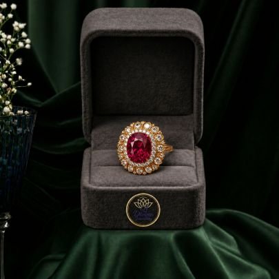 Royal Ruby Red Stone Ring with Diamond Finish – 92.5 Silver Gold Plated Statement Ring for Women