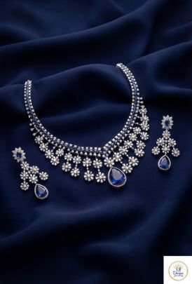 Royal Sapphire Diamond Necklace Set with Drop Earrings in 92.5 Silver | Divine Jewellery