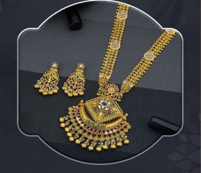 Royal Square Temple Long Necklace 92.5 Silver Gold-Plated Set with Kundan Stones & Jhumka Earrings