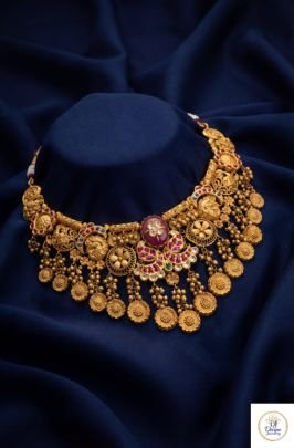 Royal Temple Antique Gold Choker Necklace with Floral Motifs | 92.5 Silver Gold Plated | Divine Jewellery