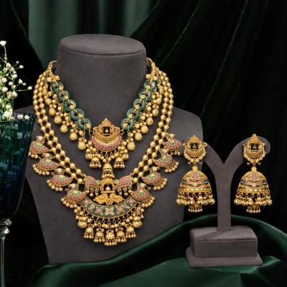 Royal Temple Bridal Necklace Set with Multilayer Beads & Lakshmi Pendant – 92.5 Silver Gold Plated Jewellery | Divine Jewellery