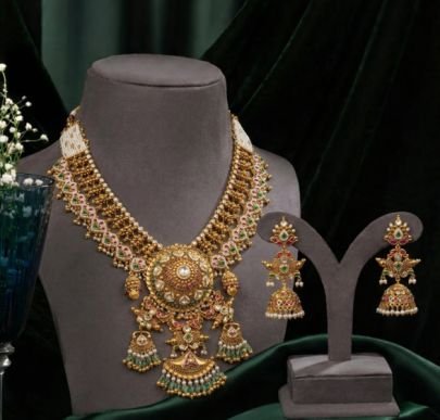 Royal Temple Bridal Necklace Set with Grand Pendant & Multi Jhumka Drops – 92.5 Silver Gold Plated Jewellery | Divine Jewellery
