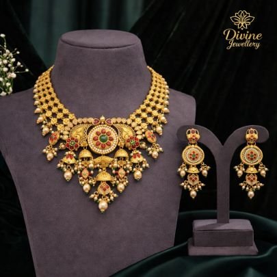 Royal Temple Choker Necklace Set with Pearl Drops – 92.5 Silver Gold Plated Bridal Jewellery
