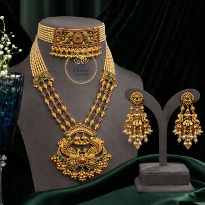 Royal Temple Choker with Long Haram Necklace Set & Peacock Pendant – 92.5 Silver Gold Plated Bridal Jewellery