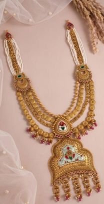 Royal Temple Heritage Long Necklace Set with Jhumka Earrings – 92.5 Silver Gold Plated Bridal Jewellery | Divine Jewellery