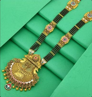 Royal Temple Kundan 92.5 Silver Gold-Plated Mangalsutra with Black Beads