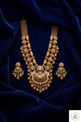 Royal Temple Kundan Bridal Necklace Set with Pearl Drops in 92.5 Silver Gold Plated | Divine Jewellery