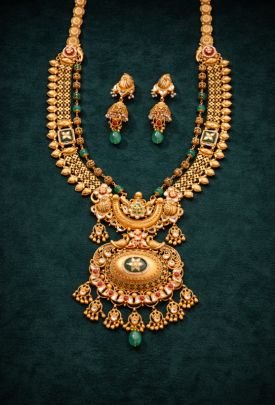 Royal Temple Long Necklace Set with Green Stone Accents in 92.5 Silver Gold Plated – Divine Jewellery