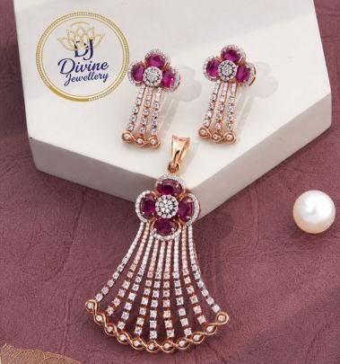 Ruby Pink Stone Pendant Set with Designer Earrings for Women | Gold Plated 92.5 Silver Jewellery